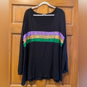 BiBi Women's Black Top with Purple, Gold, and Green Stripes